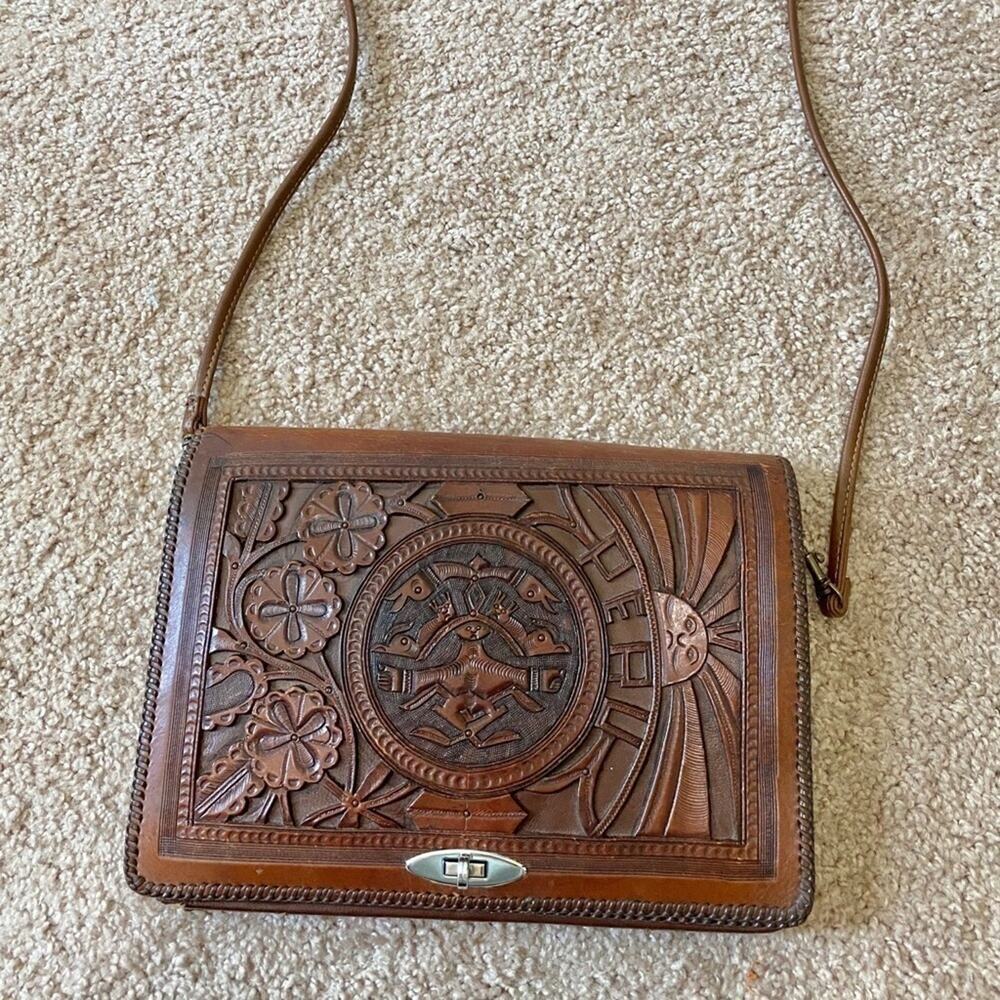 Vintage Brown Leather Hand Tooled Purse